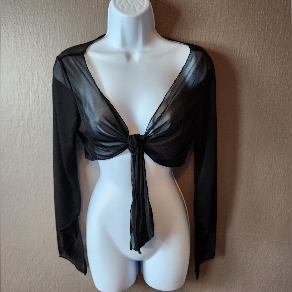 One Heart Sheer Black Glitter Long Sleeve Tie Front Top
